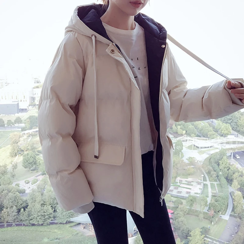 New Winter Women's Down Cotton Jacket Casual Loose Thick Warm Hooded Parkas Woman Solid Color Short Padded Cotton Coat