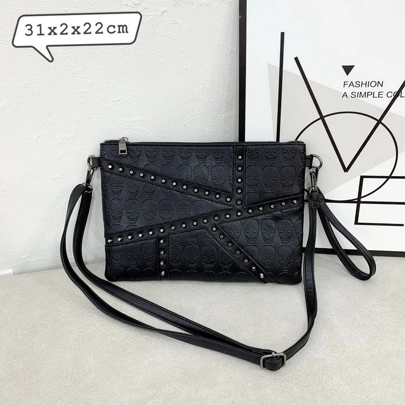 Diinovivo Retro Skull Printting Messenger Bag Punk Rivet Women Clutch Small Square Bag PU Ladies Shoulder Crossbody Bag WHDV2094