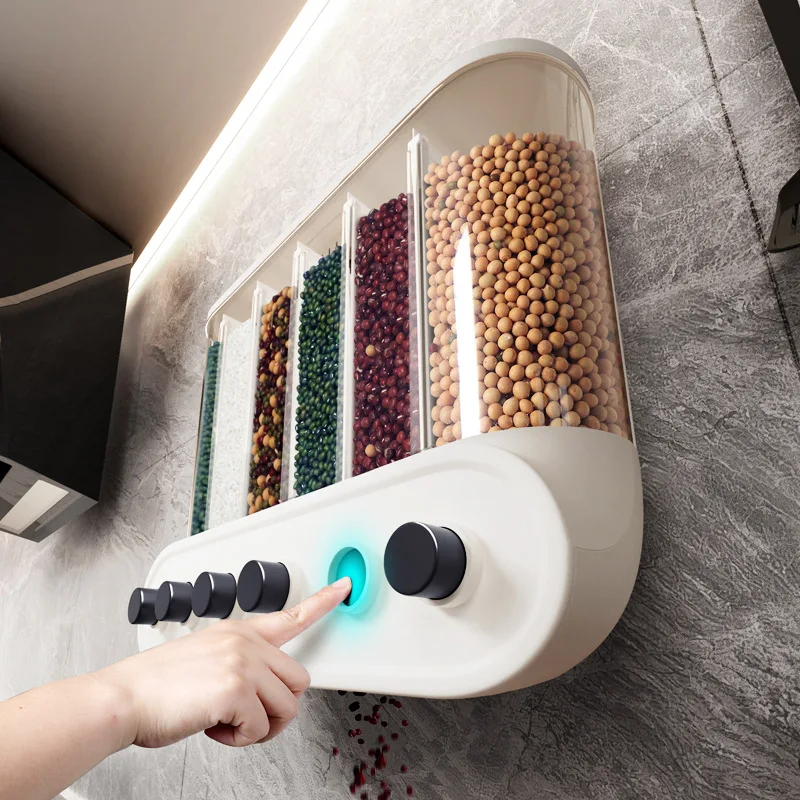

2023 Grain Storage Box Dispenser Household Rice Storage Bucket Wall-Mounted Press Compartment Kitchen Food Container