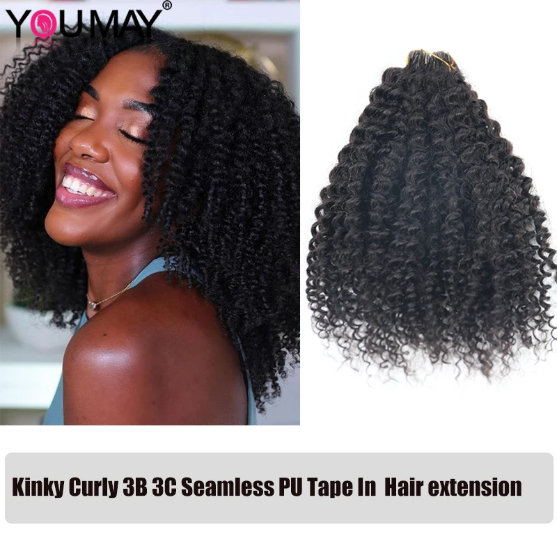 

Kinky Curly Seamless PU Tape In Human Hair Extension Brazilian Virgin Invisible Tape Ins 3B 3C Extension For Black Women Bundles