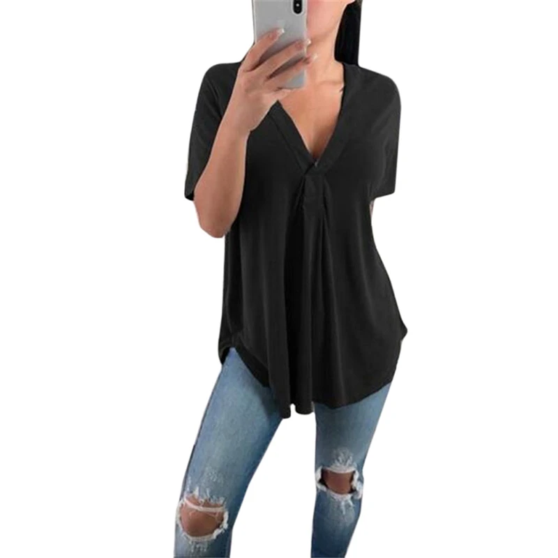 

2XL Blouse Ladies Summer Casual Loose Shirt Low Cut V Neck Tops Tunic Clothes Blusas Mujer De Moda
