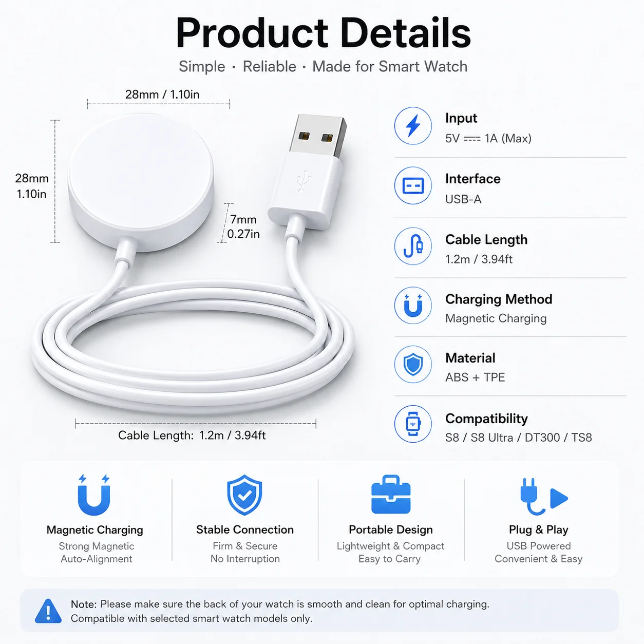 USB-кабель для магнитной зарядки умных часов, замена зарядного устройства для S8  S8 Ultra  DT300  TS8  X8  Watch 7 (art.: 3920da7181b02) - 3920da7181b02