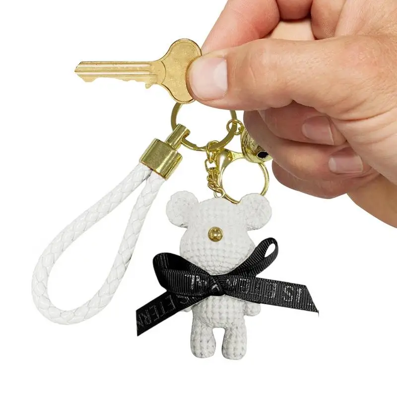 Cartoon Resin Bear Key Chain Bow Bell Bear Keychain Weaving Fashion Doll Bag Pendant Holiday Car Key Ring for Girls Gift