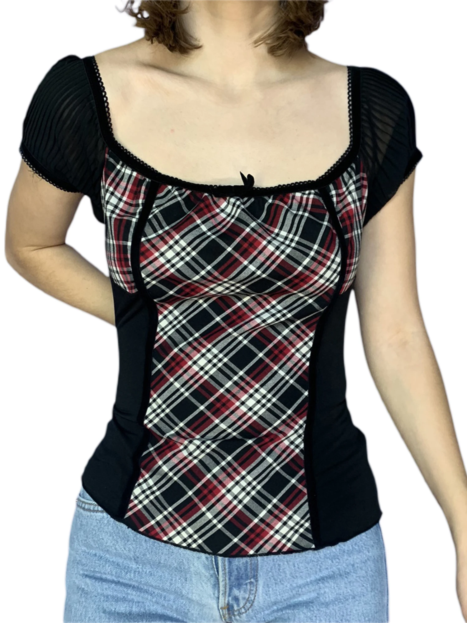 

Women Casual Plaid Patchwork T-Shirt Summer Low Cut Square Neck Short Sleeve Crop Tops Y2K Aesthetic Tees Vintage Streetwear