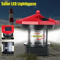 resin led lighthouse shape solar light garden fence yard outdoor decoration smart sensor beacon rotating beam lamp