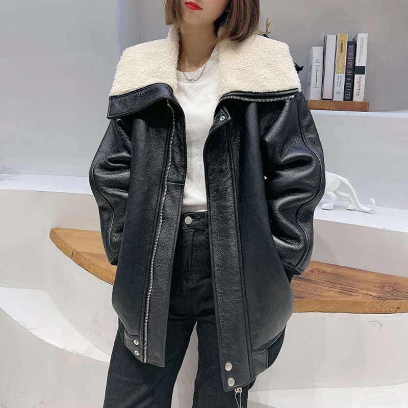 

2022 winter women's fashion Australia sheep fur sheepskin surface shearling wool lining biker jacket coat