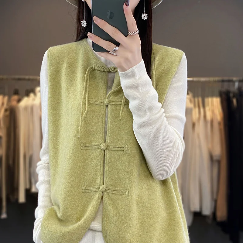 

Chinese Style Women Knit Wool Cardigan Sweater Vest 2023 Oversized Knitwear All-Match Tops O Neck Sleeveless Girls Retro Vest