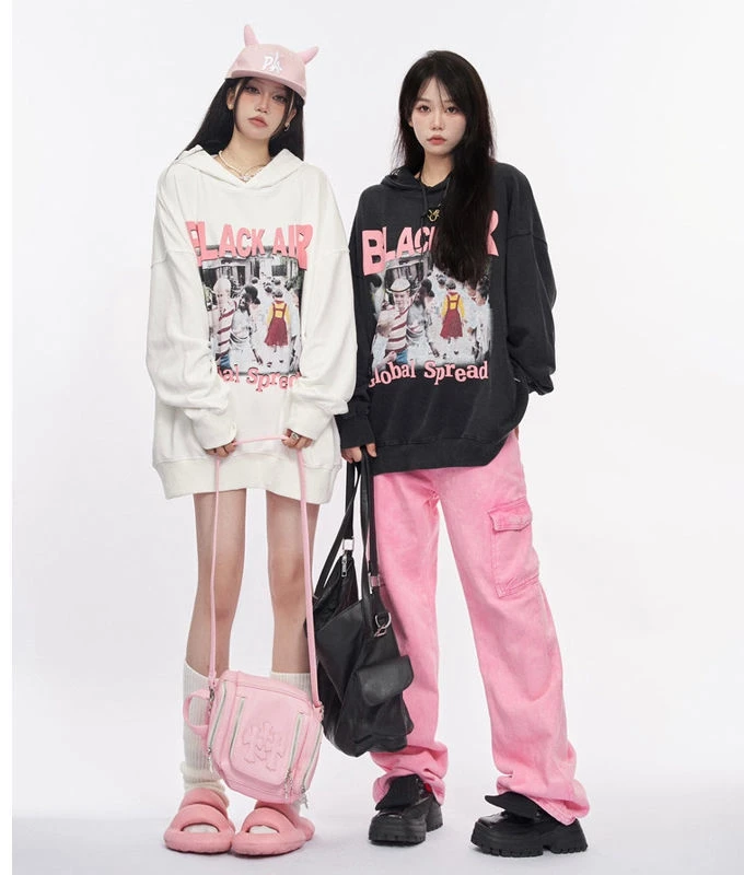 

Толстовка Женская с длинным рукавом, милый Повседневный Свободный свитшот с мультяшным принтом в стиле K-POP group, черный розовый цвет, уличная ...