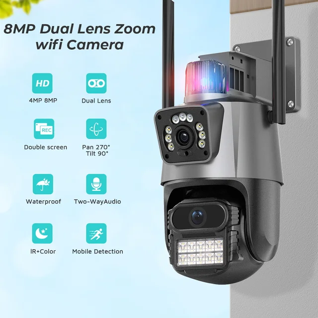 8MP 4K IP Camera Dual Lens Dual Screen PTZ Wifi Camera Outdoor Waterproof Security Video Surveillance Camera Police Light Alarm 2