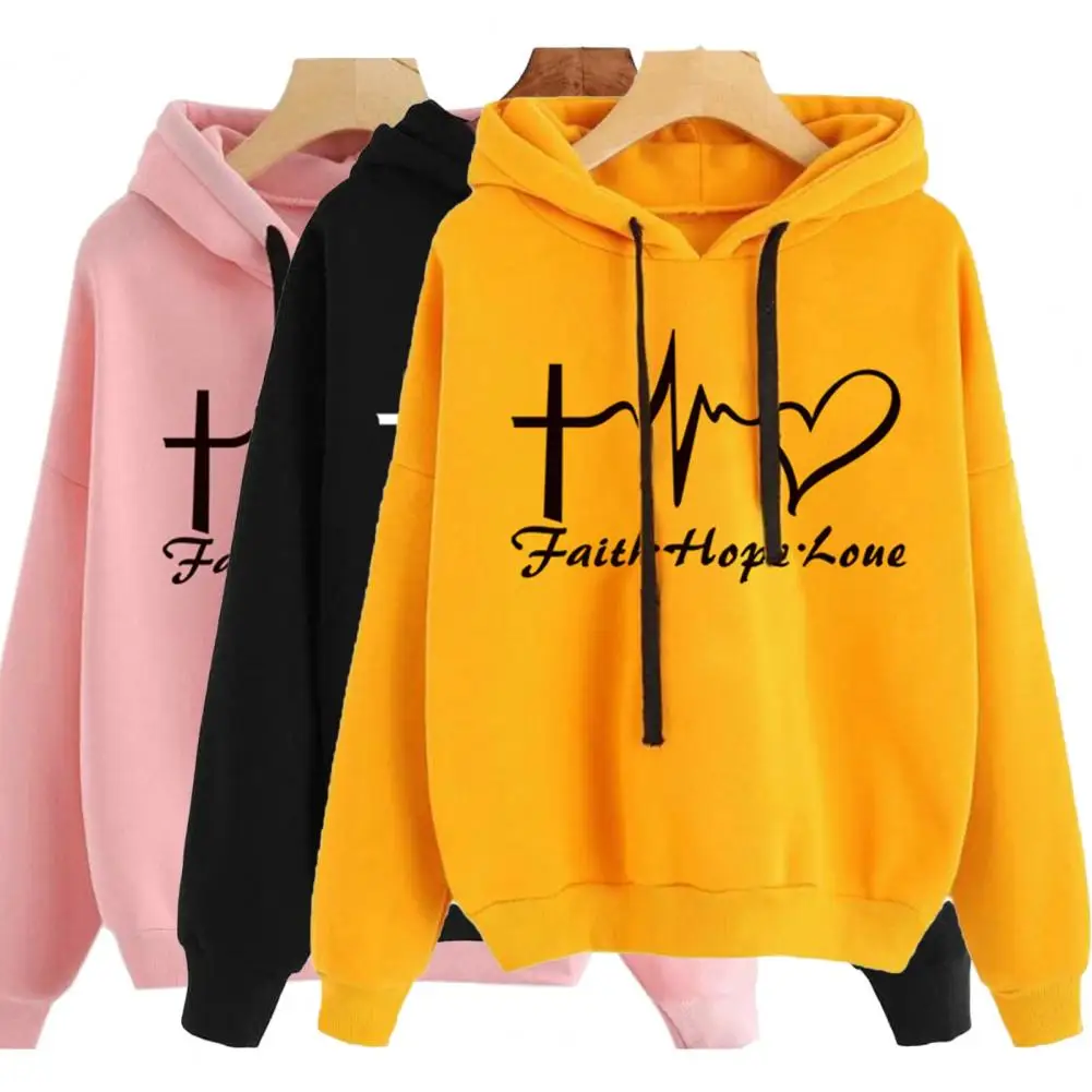 

Stylish Women Hoodie Printed Ribbed Cuff Ladies Cute Pure Color Sweatshirt