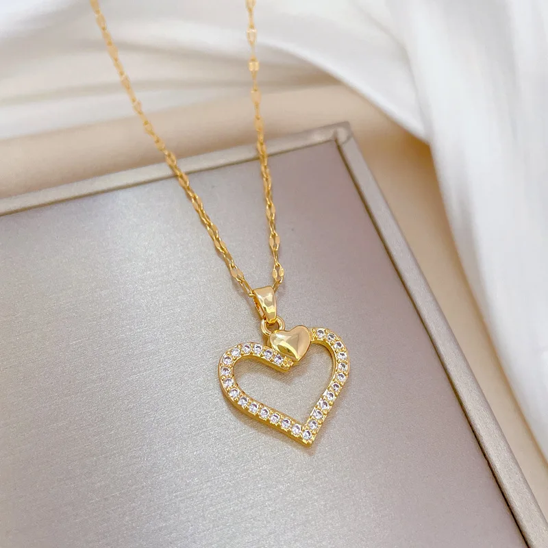 

Trendy Double Hollow Love Heart Pendant Necklace for Women Gold Color Stainless Steel Chain Choker Wedding Birthday Jewelry Gift
