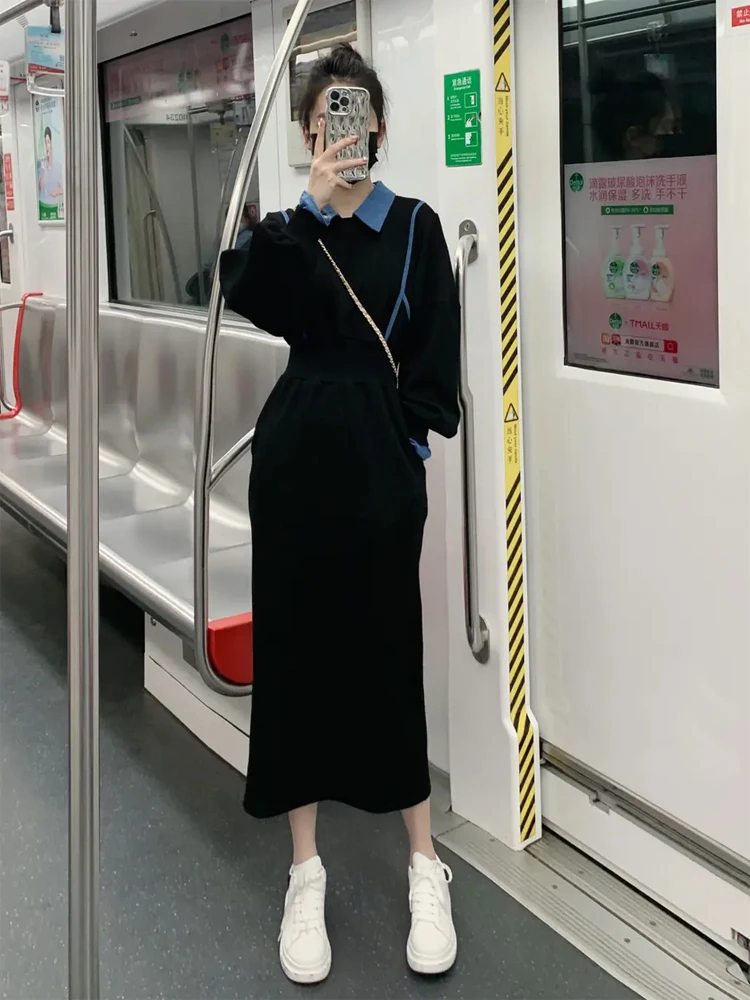 

Женское джинсовое платье-макси с длинным рукавом, свободного покроя