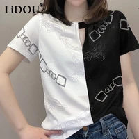2022 summer fashion casual cotton round neck patchwork hollow simple t shirt diamonds short sleeve loose tshirt tees top women