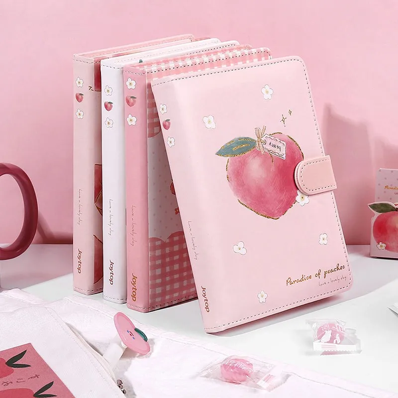 

A5 Kawaii Notebook Cute Peach Girls Color Page Illustration Magnetic Button Leather Journal Diary Planner Agenda Notepad Book