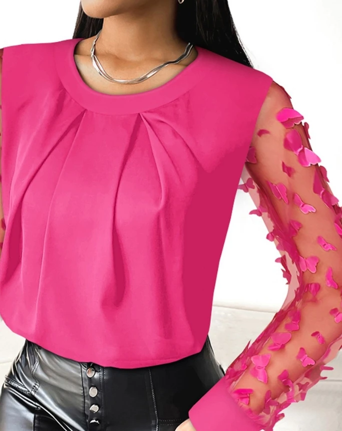 Женская блузка с длинным рукавом элегантный однотонный сетчатый топ круглым