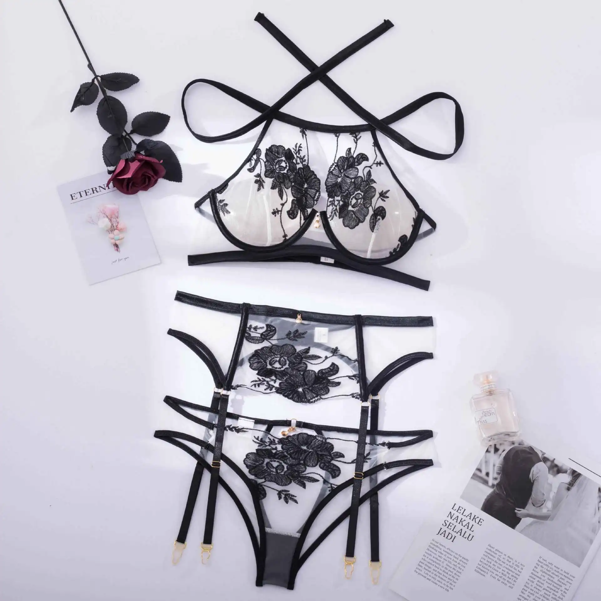 Ellolace Lingeries Lace Underwear 3-Pieces Sensual Erotic Sets Embroidery Transparent Halter Bra Cut Out Panties Intimate Set
