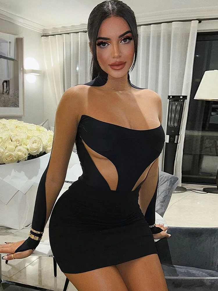 

Mesh See Through Sexy Mini Dress Fashion Outfits for Women Elegant Evening Long Sleeve Bodycon Dresses Party Night Club Vestidos