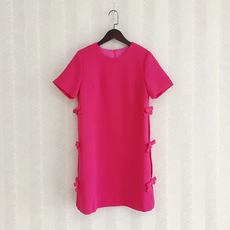 

Short Sleeved Dress Women Summer 2022 New Round Neck Solid Colour Bow Loose Straight Mini Dress Above The Knees