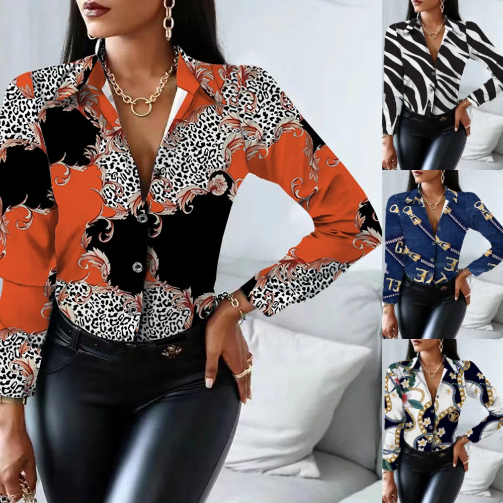 

Elegant Fashion Blouse Print Shirt Ladies Spring 2022 New Long Sleeve V-Neck Colorblock Retro Style Top Office Workwear Women