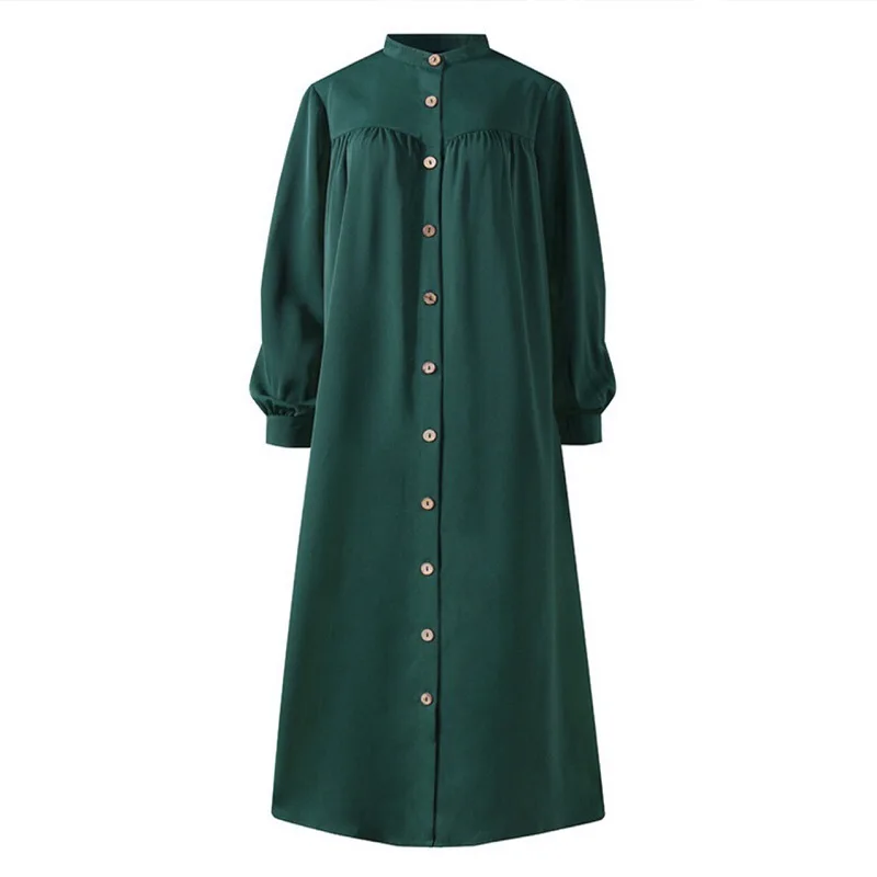 Ramadan Solid Long Sleeve Muslim Hijab Shirt Dress Casual Pocket Abaya Dubai Formal African Dresses for Women Islamic Clothing