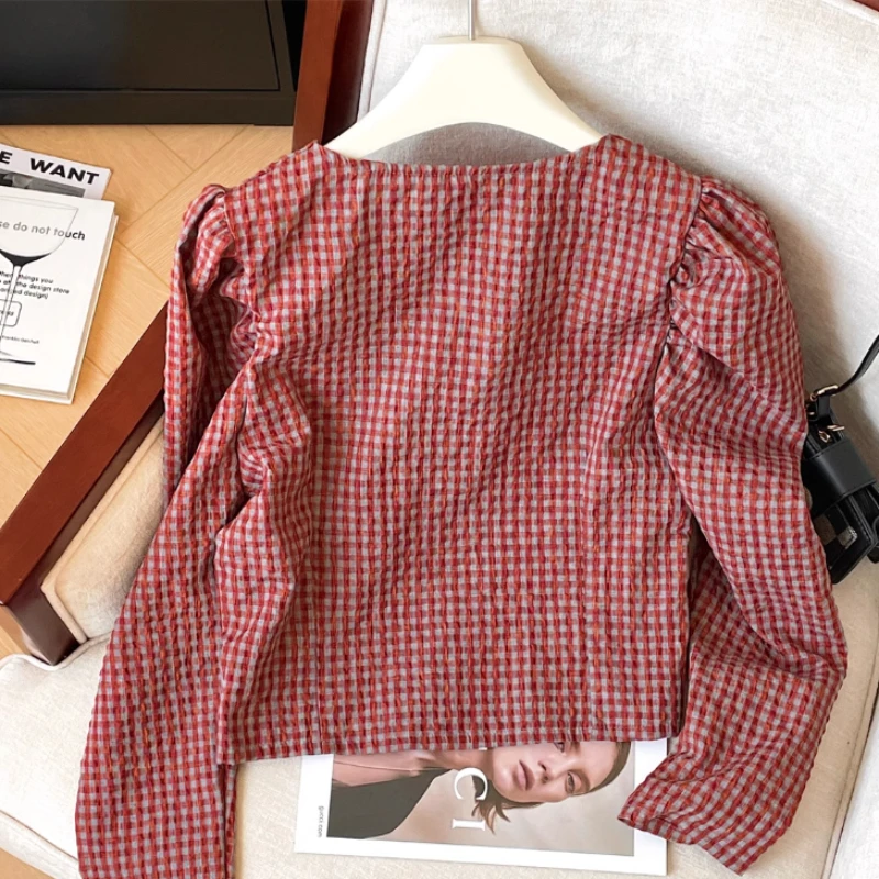 Ранняя осень новая клетчатая рубашка с v-образным вырезом женская верхняя одежда