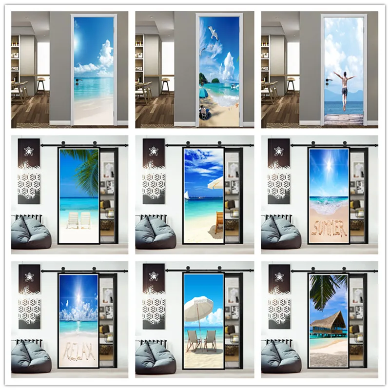 

New Seaside Landscape Door Sticker Renew Home Decor Waterproof Vinyl Self Adhesive Wallpaper Removable Mural Decal Deursticker