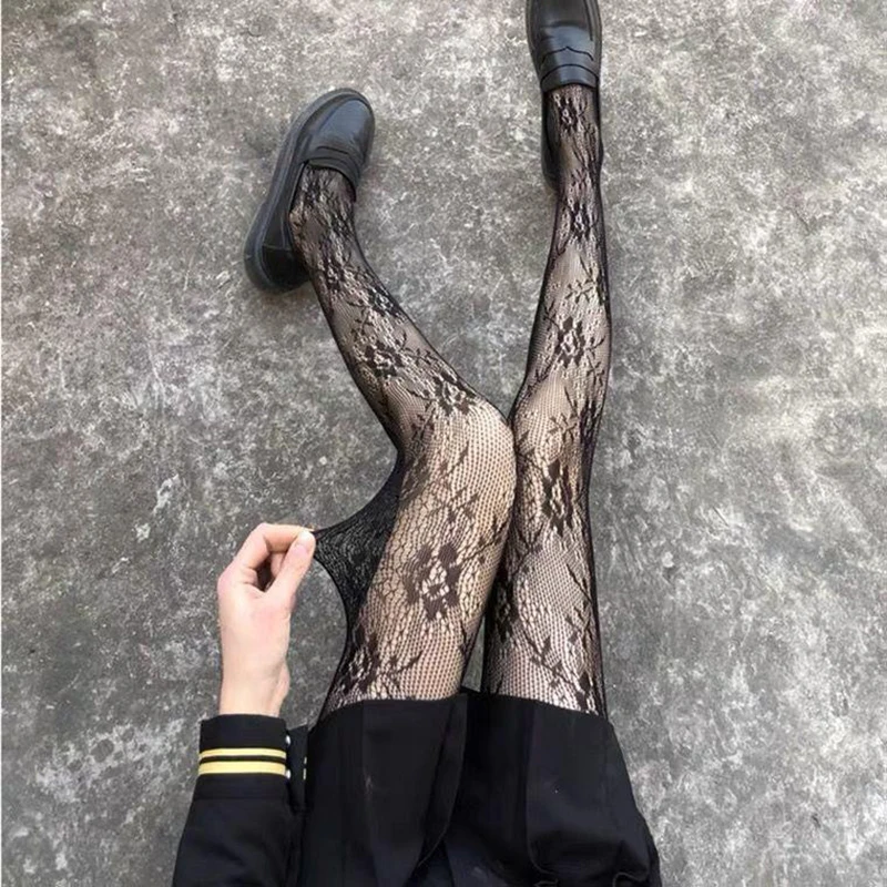 Lolita Hollow Out Floral Lace Pantyhose Solid See-Through Vintage Net Stockings Fishnet Kawaii Stockings for Women Black Tights