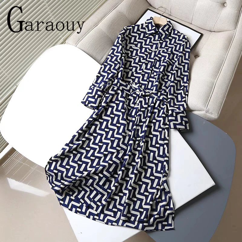 

Garaouy 2022 Autumn New Print Shirt Dress England Style Fashion Women Geometry Slash Long Sleeve Ladies Midi Dressrs Robe Mujer