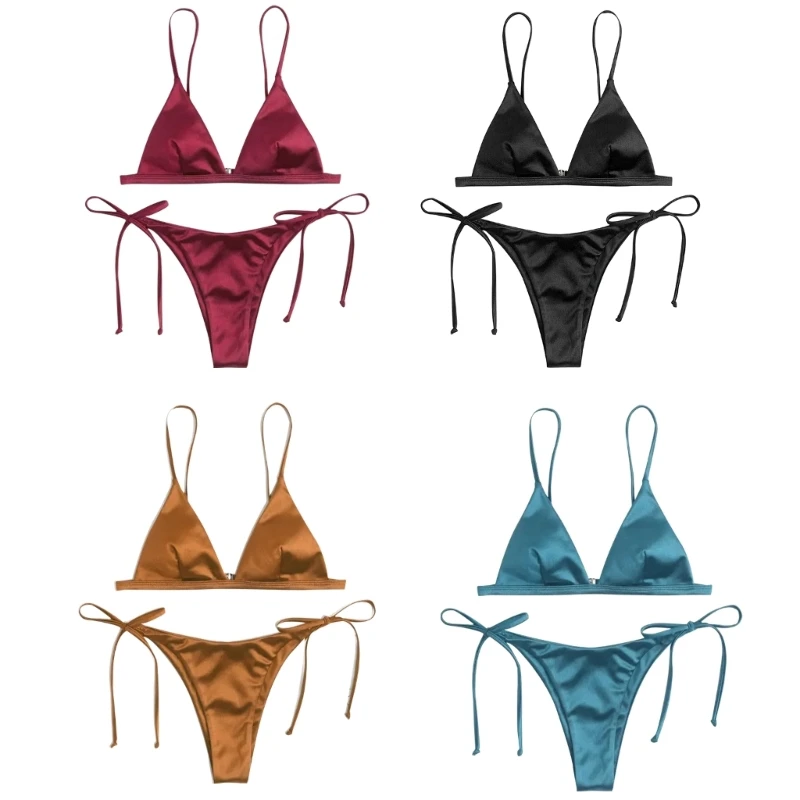 

Women Tie Side Triangle-Swimsuit Metallic Bathing Suits 2 Pieces Bikini Swimwear