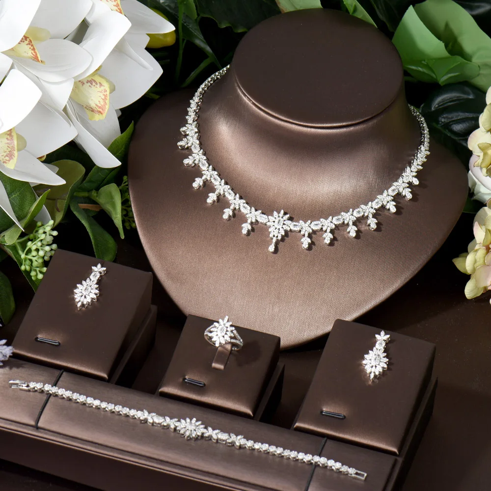 HIBRIDE Leaf Design White CZ Stone Necklace Earring Jewelry Sets For Women Parure Bijoux Femme Mariage Engagement Set  N-527