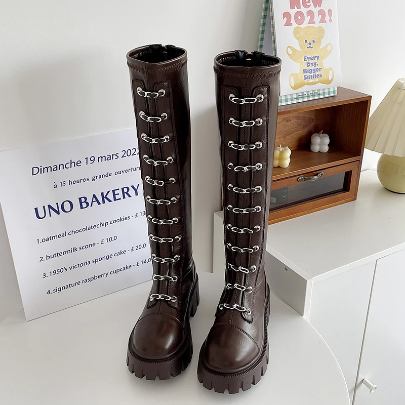 

2022 Winter Stovepipe Long Boots Woman Knee High Motorcycle Shoes Lady Medal Button Stretch Tied Patchwork Leather Botas Chelsea