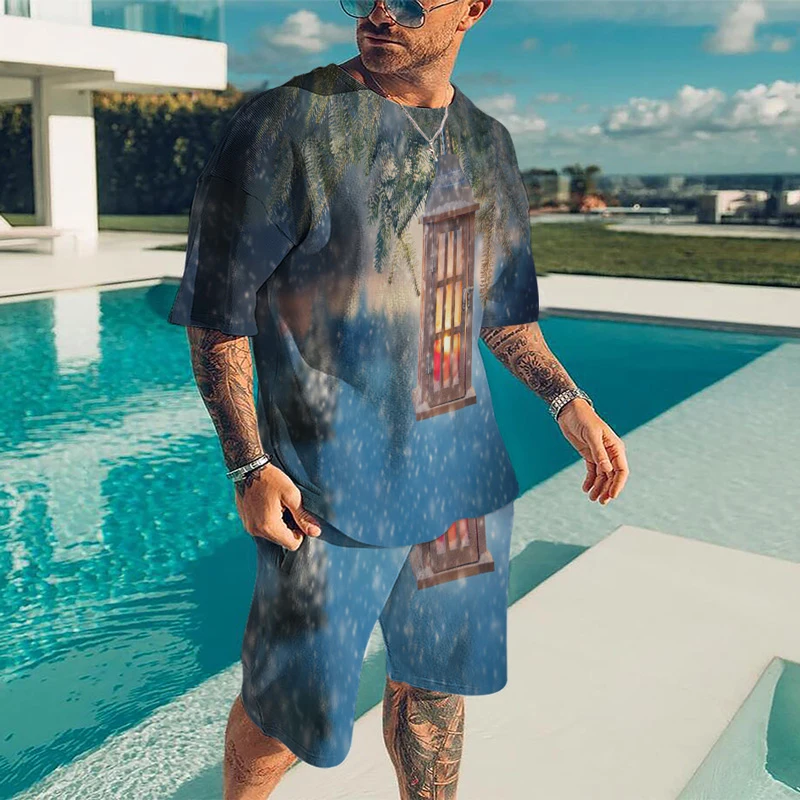 

Summer Men's New Fashion Shorts Christmas Elements Printed Graphic T-Shirt Short Sleeve Casual Beach Men's Clothing Set