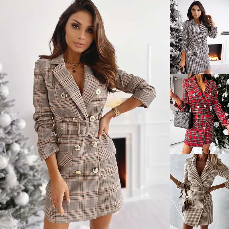 

Autumn and winter 2021 new women's plaid belt double breasted suit dress