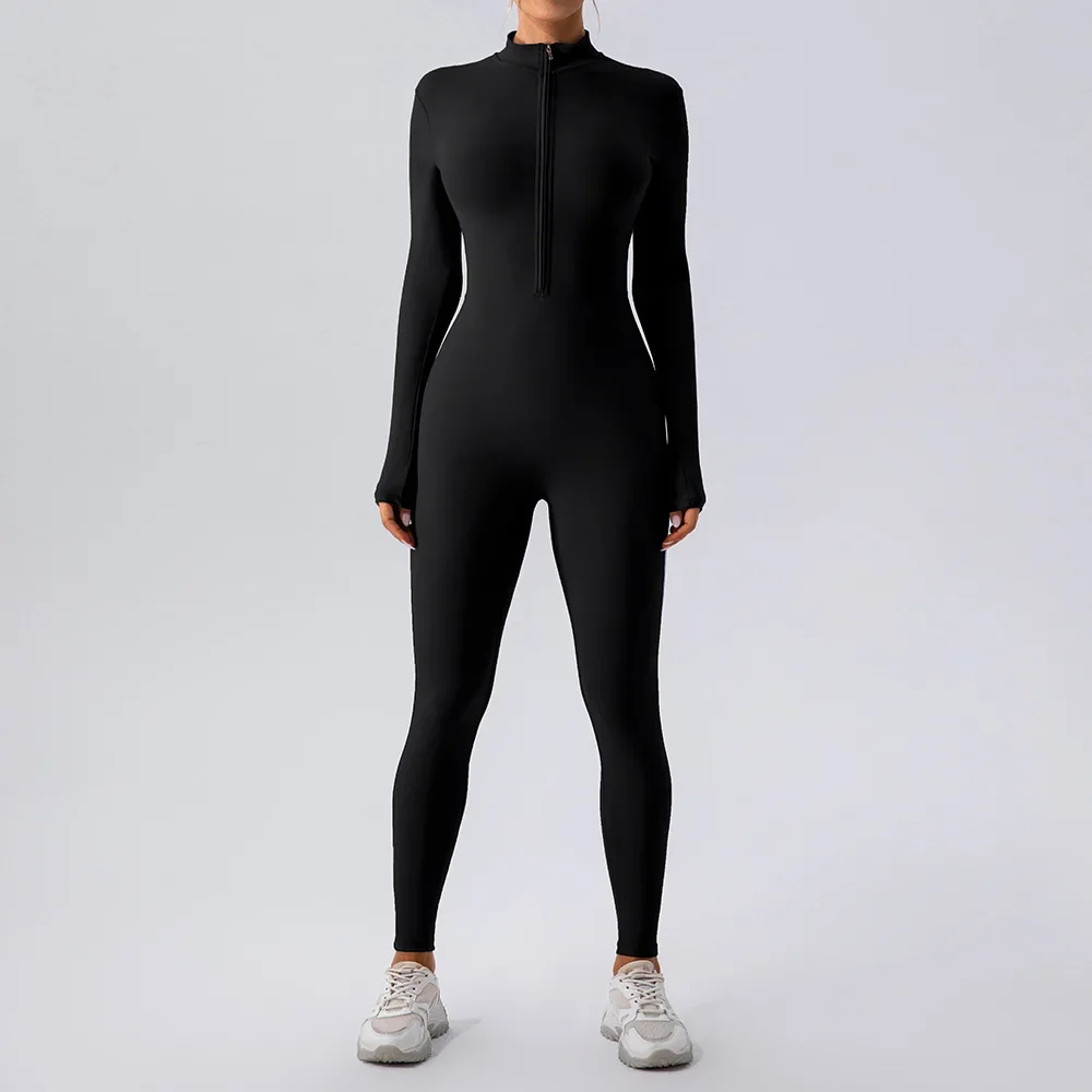 Zipper nude long-sleeved yoga onesie women's sports fitness