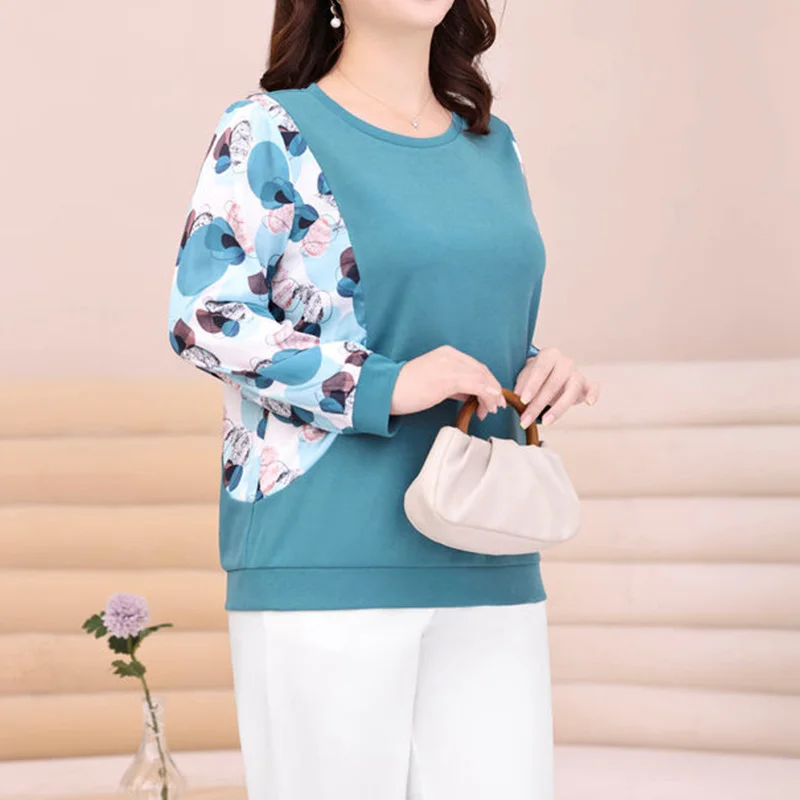 Simplicity Office Lady Round Neck Solid Color Loose Womens Top Fashion Printing Patchwork Long Sleeve Plus Size Pullover T-Shirt