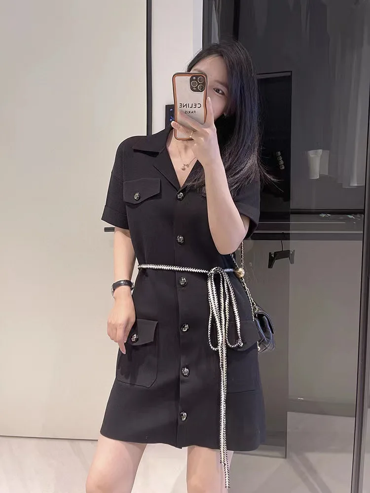 2022 Spring Summer New Women V-neck Adjustable Waist Simple Lace-up Single Breasted Knit Dress