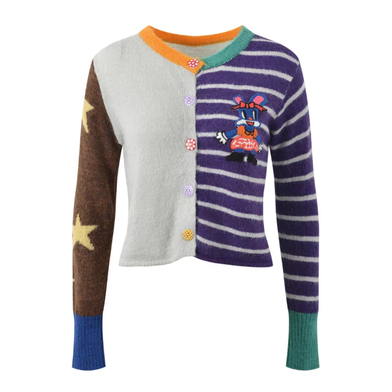 [ZOCI] Осенний новый стильный вязаный кардиган с контрастной вышивкой и мультяшным