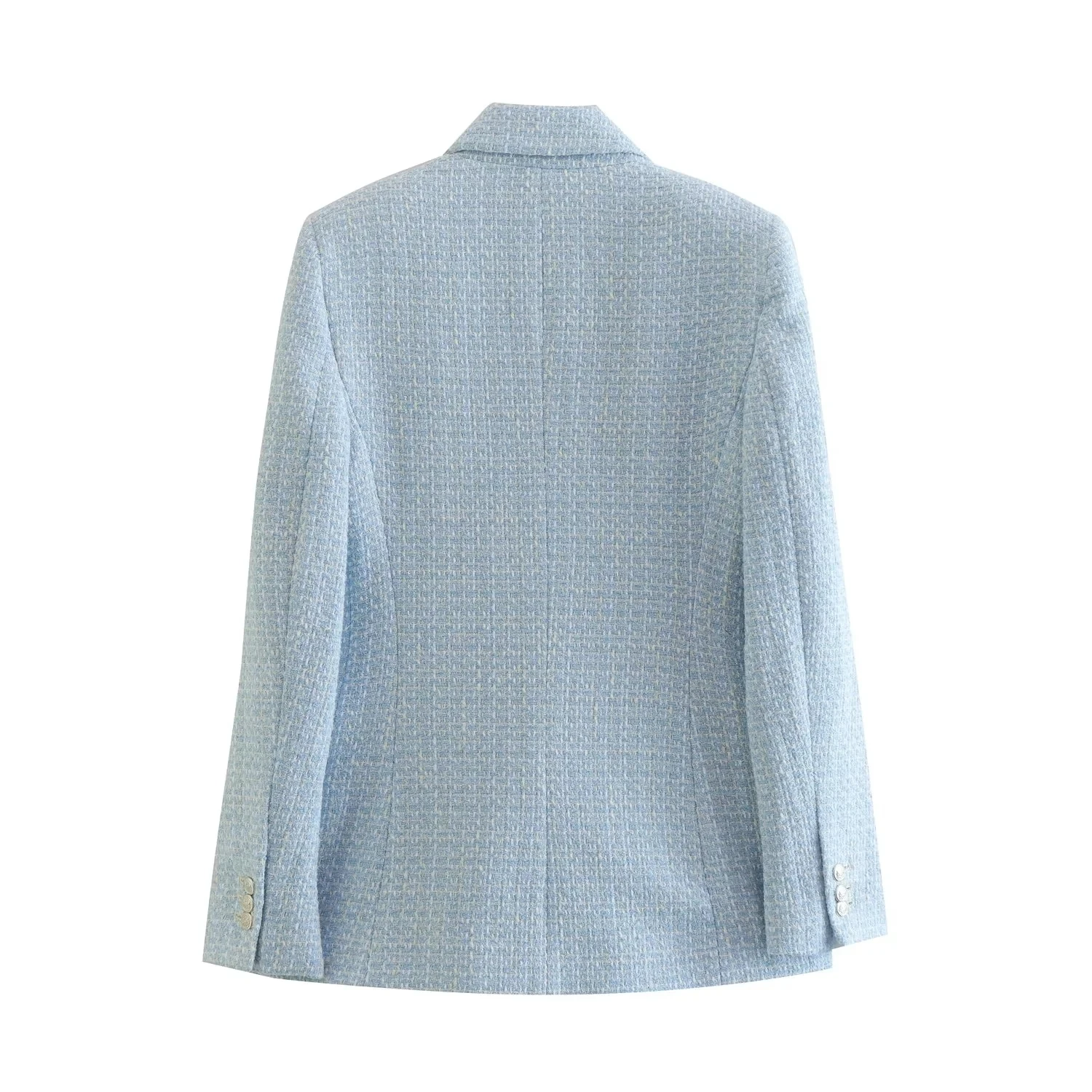 Maxdutti Enlgand Style Sky Blue Jacket Woolen Texture Fahsion Double Breasted Casual Blazers Women