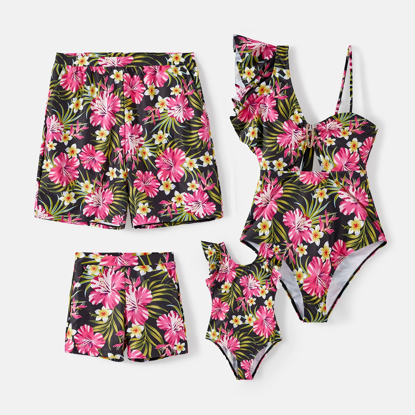 

PatPat Family Matching Swimsuit Allover Floral Print Ruffle Trim One-piece Swimsuit and Swim Trunks