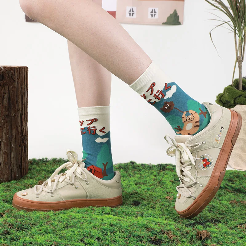 

Original camping enterprise mountain system illustration cartoon cute girl trendy socks female mid-calf socks couple
