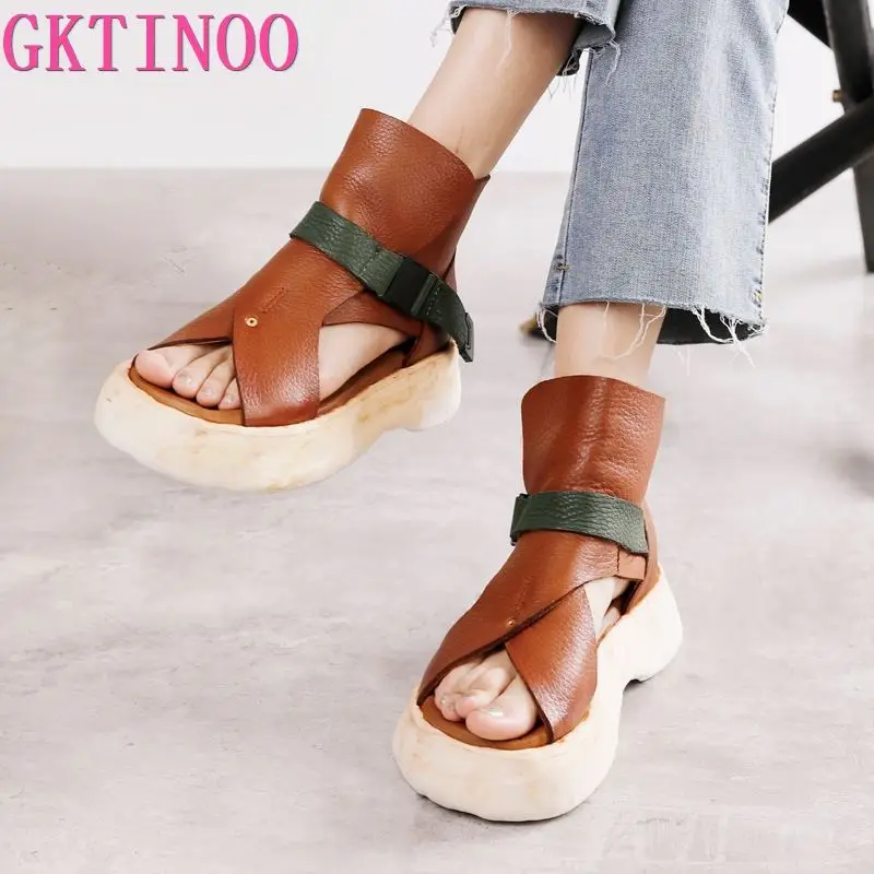 

GKTINOO 2023 Spring And Summer New Cool Boots Comfortable Flat Platform Peep Toe Genuine Leather Lady Shoes Retro Women Sandal