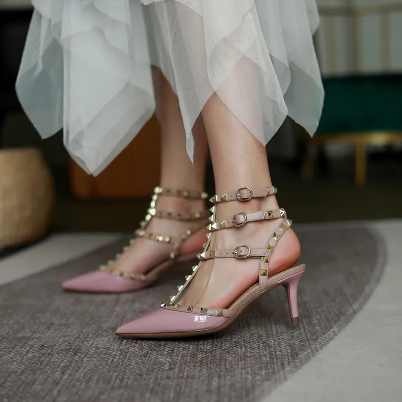 

New Summer Rivet Pointed Toe Pumps Women party Shoes T-strap Stiletto Genuine Leather Sandals Bridesmaid Wedding Shoes 041