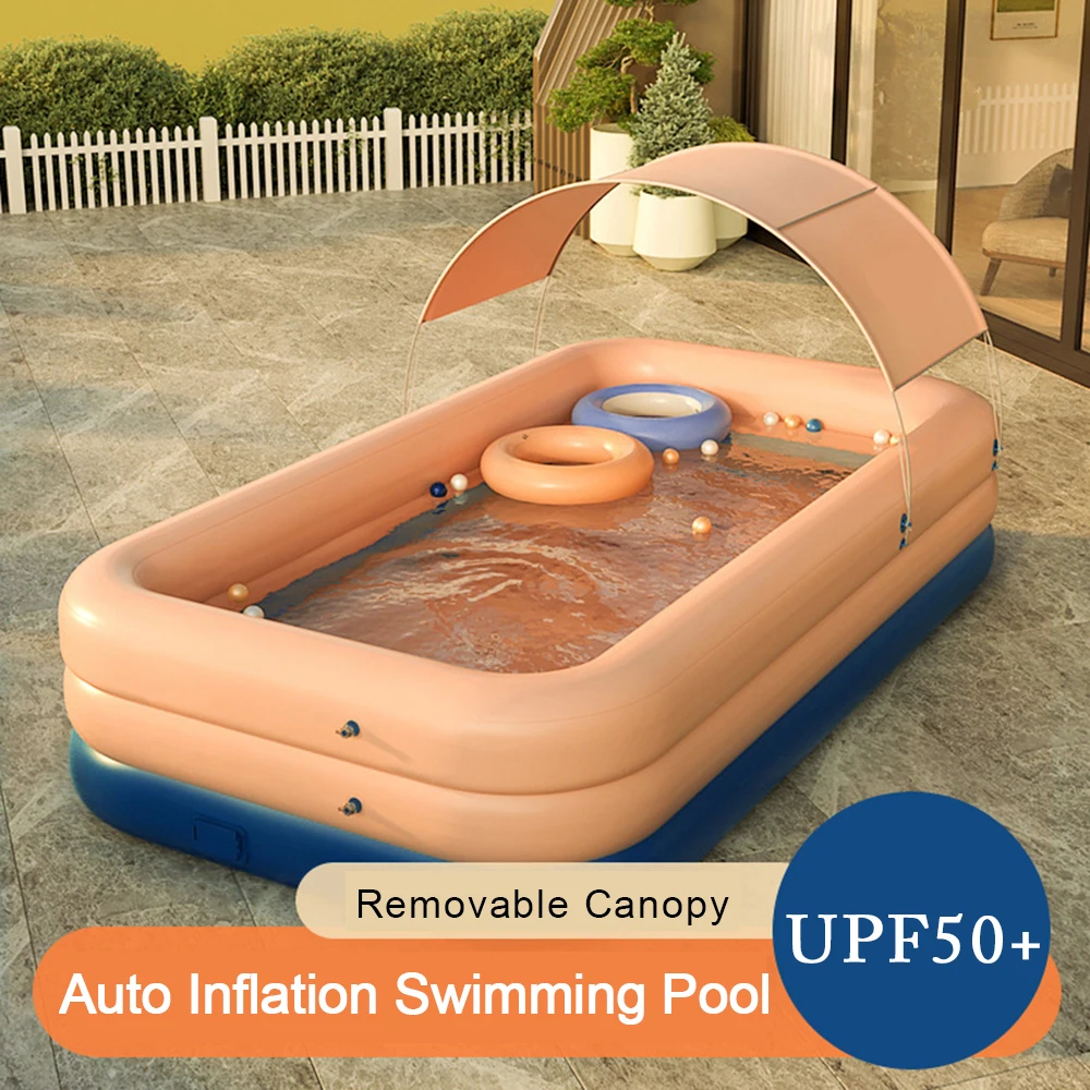 

Auto Inflation Swimming Pool Sun Resistant Inflatable Pool Float Raft Removable Canopy for Outdoor Backyard Water Party