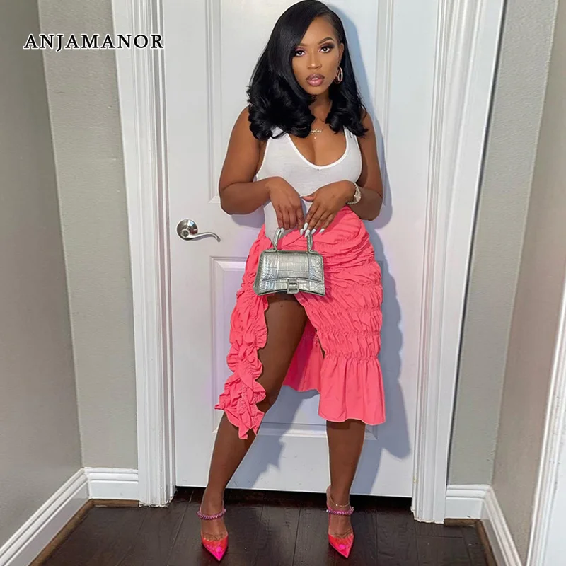 

ANJAMANOR Neon Split Stretch Pleated Wrap Skirt Women Clothing 2022 Fashion Sexy Summer Beach Vacation Midi Skirts D74-CD23