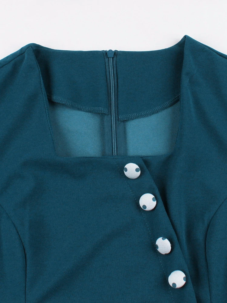 Женское платье в горошек синее стиле Хепберн 50-х годов с квадратным вырезом