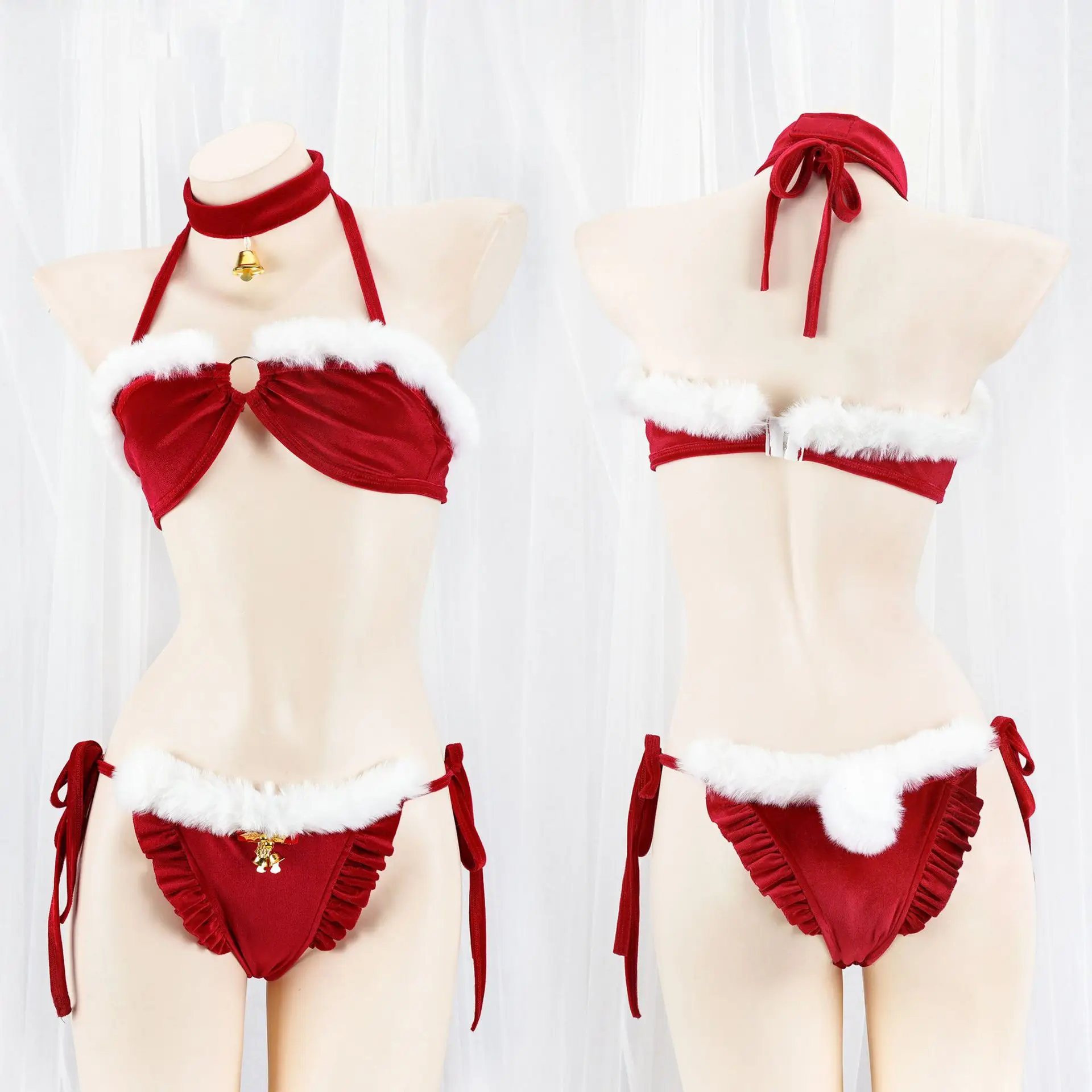 

Christmas Plush Piping Bikini Tie Neck Lingerie Sexy Three-Point New Year Gift Dress