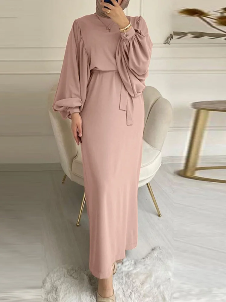Women Fashion Puff Sleeve Morocco Muslim Dress Abaya Kaftans Casual Evening Modest Dresses Dubai Islam Clothing Long Robe Eid