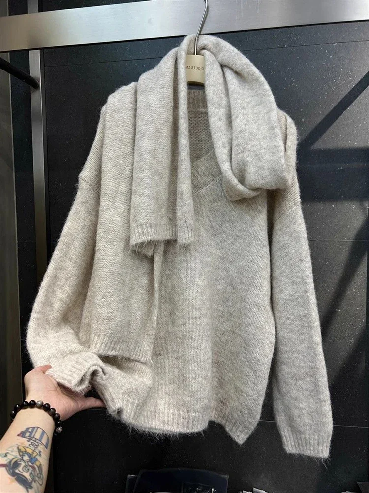 Модный серый кашемировый свитер с шарфом и воротником женский элегантный