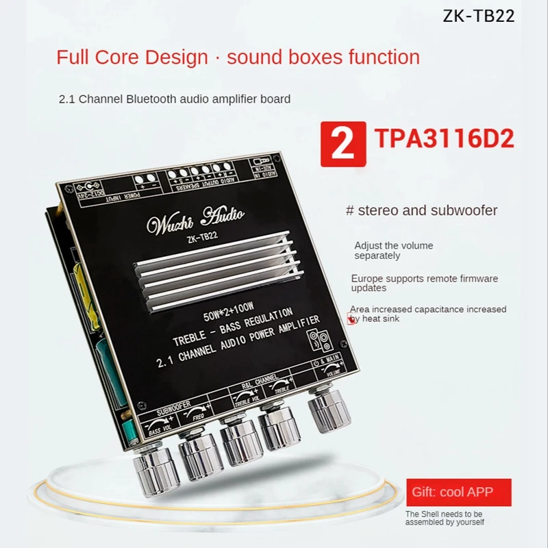 

ZK-TB22 Bluetooth5.1 Power Amplifier Board 2.1 Channel 2X50W+100W Subwoofer TPA3116D2 Digital Power Amplifier Module