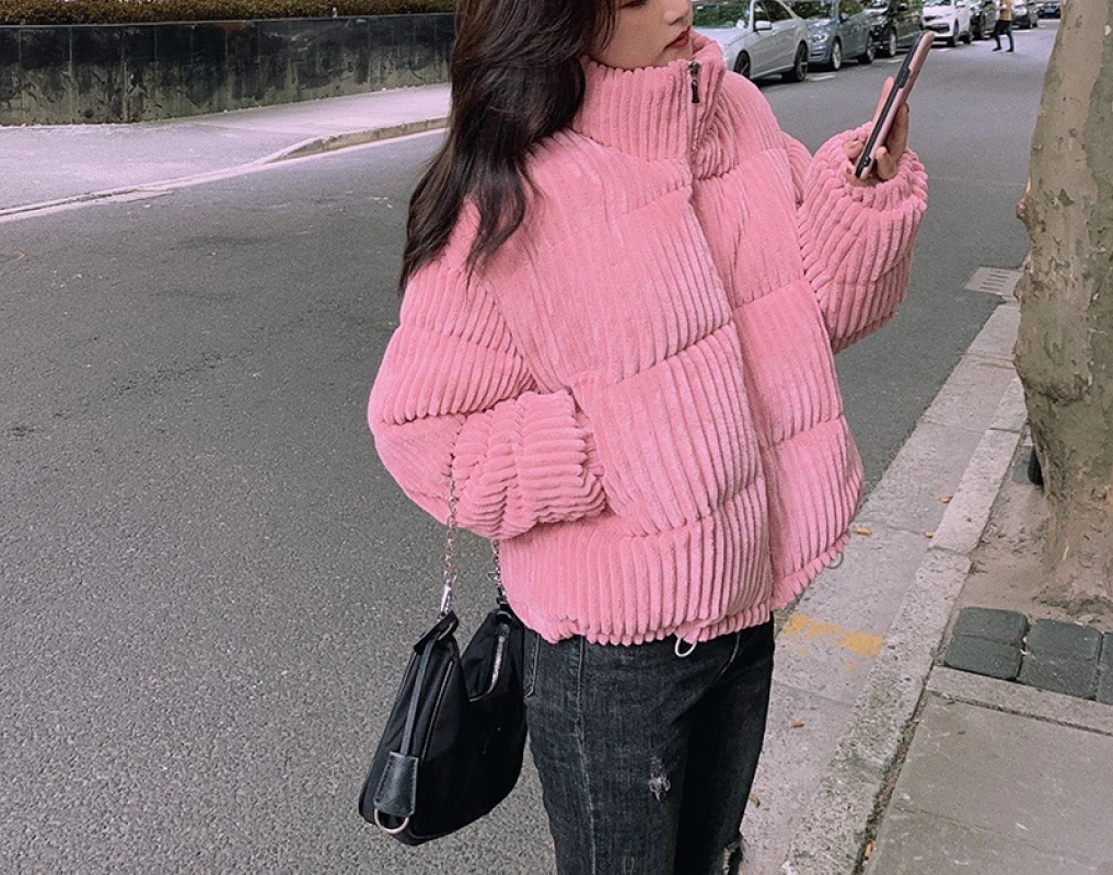 Zipper Stand Collar Short Parkas Chic Loose Bread Outerwear Corduroy Jacket Solid Color Women Winter Warm Cotton Padded Coat